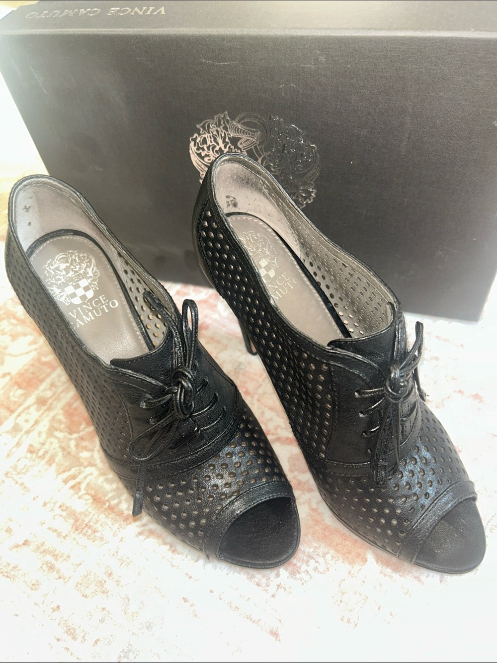 EUC Vince Camuto Black Perforated Peep-Toe Lace-Up Heels with Knot Detail